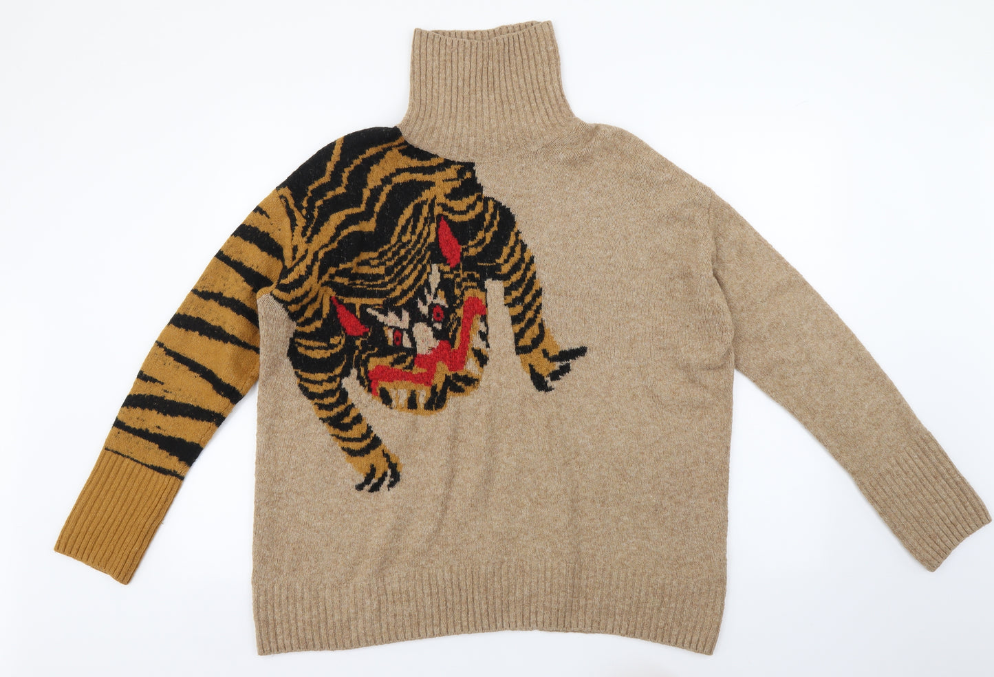 H&M Womens Brown High Neck Acrylic Pullover Jumper Size 8 - Tiger