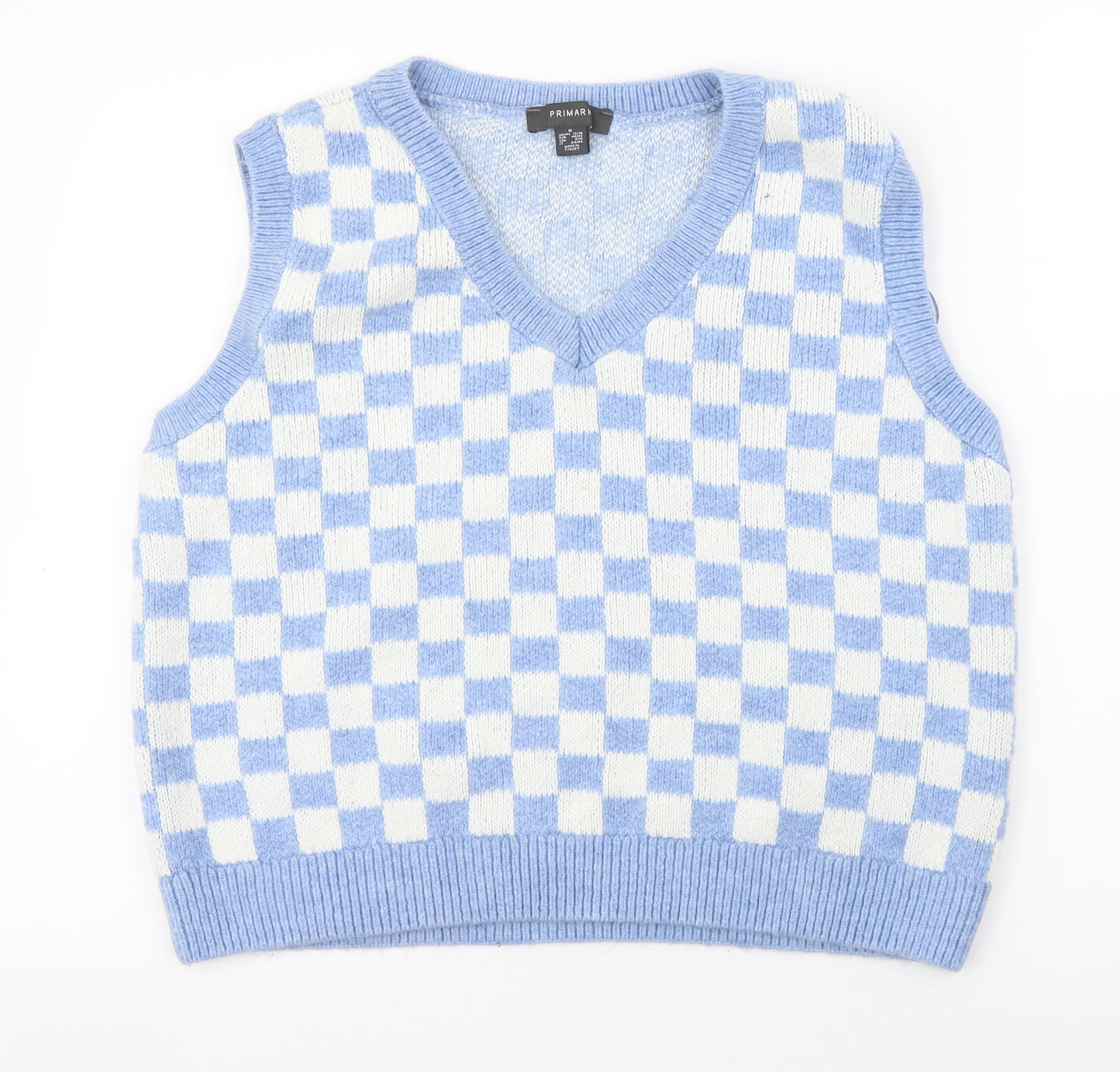 Primark Womens Blue V-Neck Check Acrylic Vest Jumper Size M