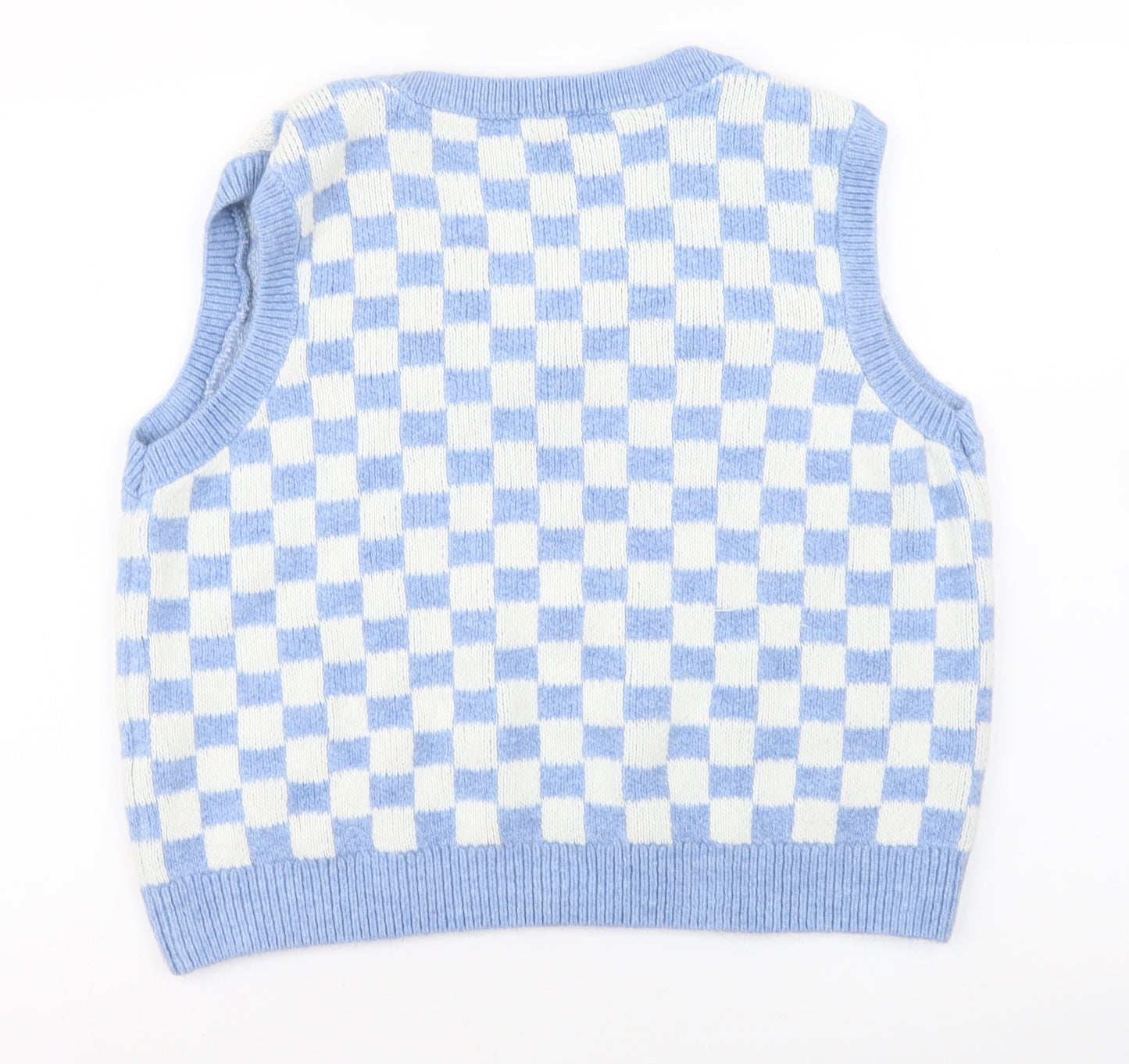 Primark Womens Blue V-Neck Check Acrylic Vest Jumper Size M