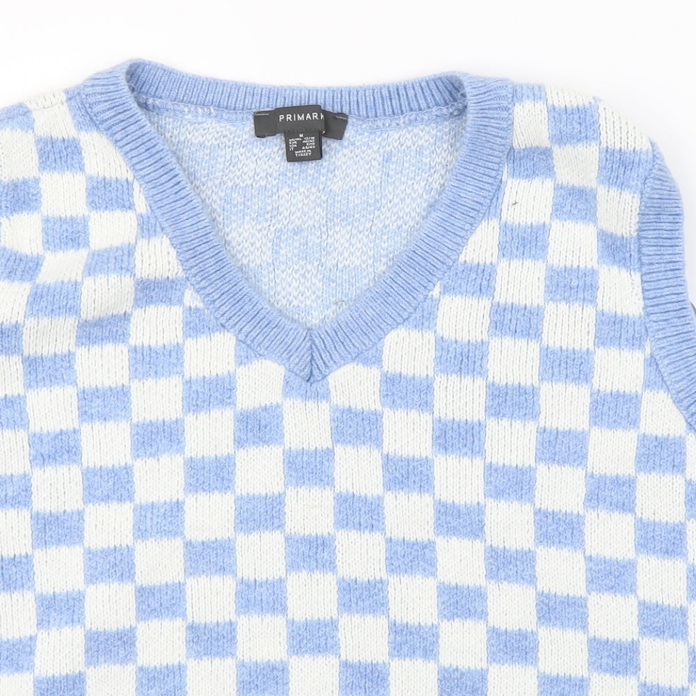 Primark Womens Blue V-Neck Check Acrylic Vest Jumper Size M