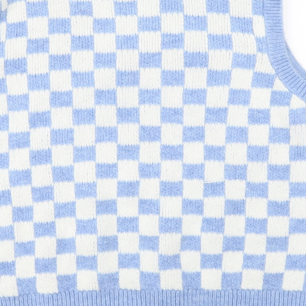 Primark Womens Blue V-Neck Check Acrylic Vest Jumper Size M