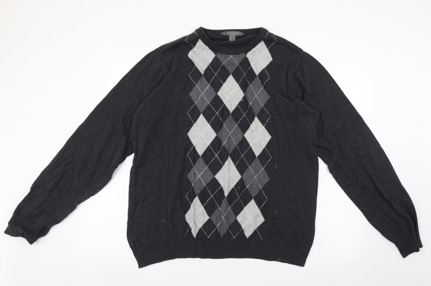 Cedar Wood State Mens Grey Round Neck Argyle/Diamond Cotton Pullover Jumper Size XL