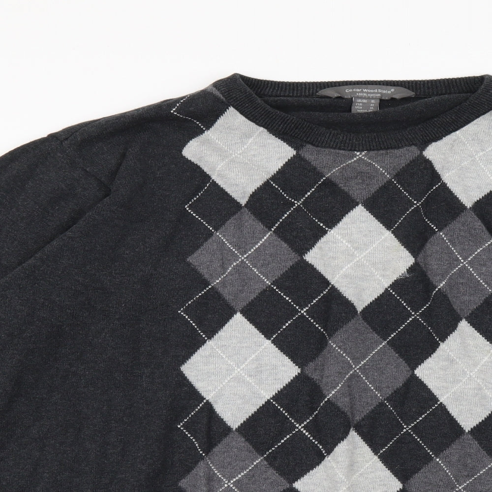 Cedar Wood State Mens Grey Round Neck Argyle/Diamond Cotton Pullover Jumper Size XL