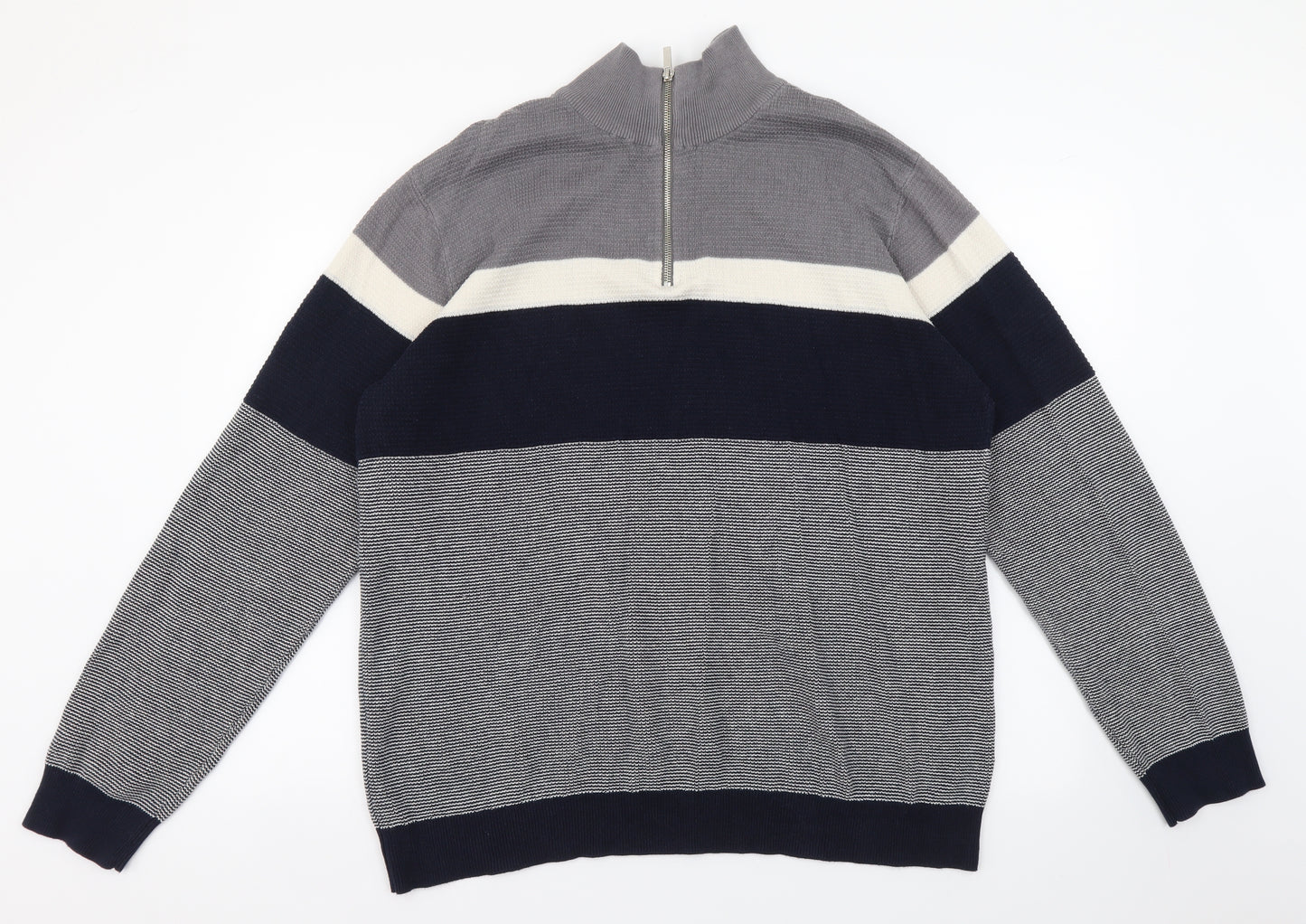 TU Mens Grey High Neck Striped Cotton Pullover Jumper Size XL