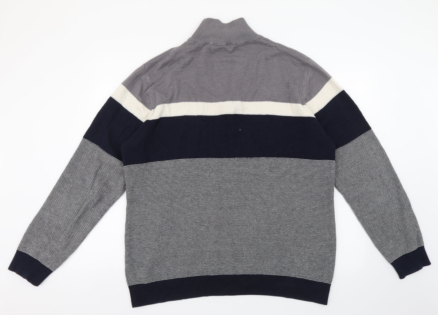 TU Mens Grey High Neck Striped Cotton Pullover Jumper Size XL