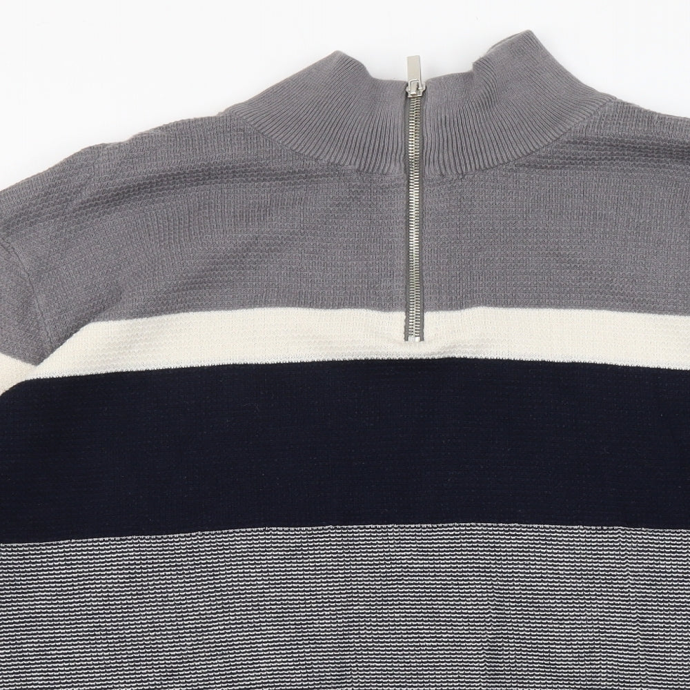 TU Mens Grey High Neck Striped Cotton Pullover Jumper Size XL