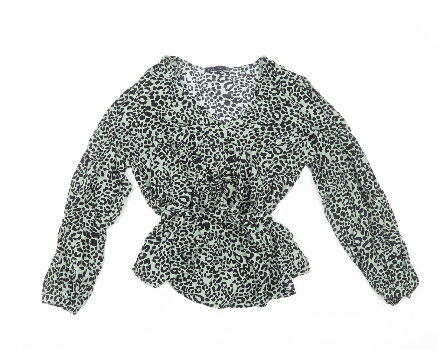 Marks and Spencer Womens Green Animal Print Viscose Basic Blouse Size 14 V-Neck