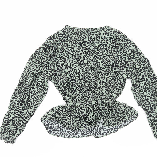 Marks and Spencer Womens Green Animal Print Viscose Basic Blouse Size 14 V-Neck
