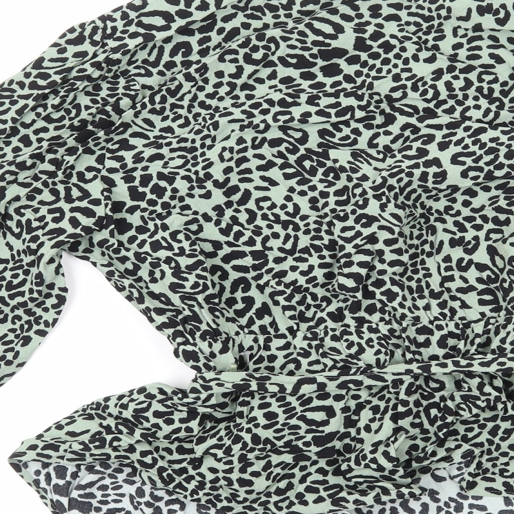 Marks and Spencer Womens Green Animal Print Viscose Basic Blouse Size 14 V-Neck