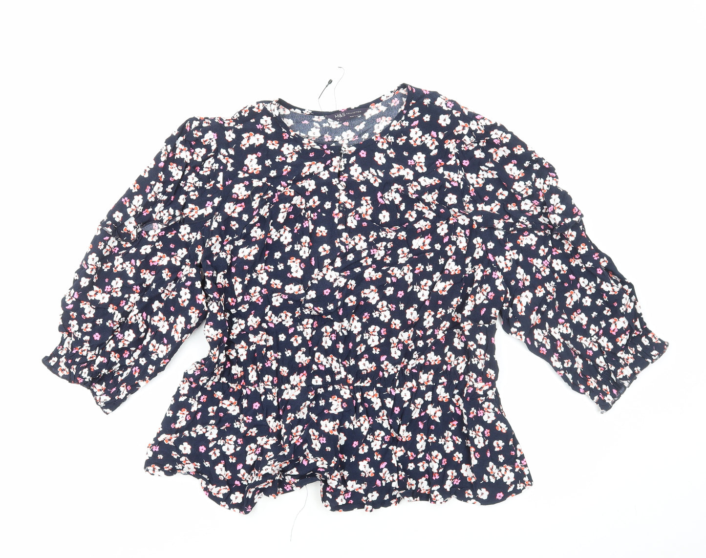Marks and Spencer Womens Blue Floral Viscose Basic Blouse Size 20 Round Neck