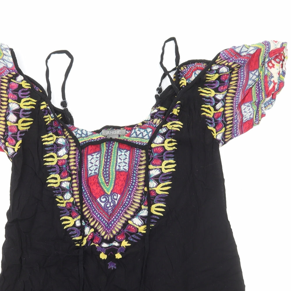 Angie Womens Multicoloured Geometric 100% Cotton Basic Blouse Size S Square Neck