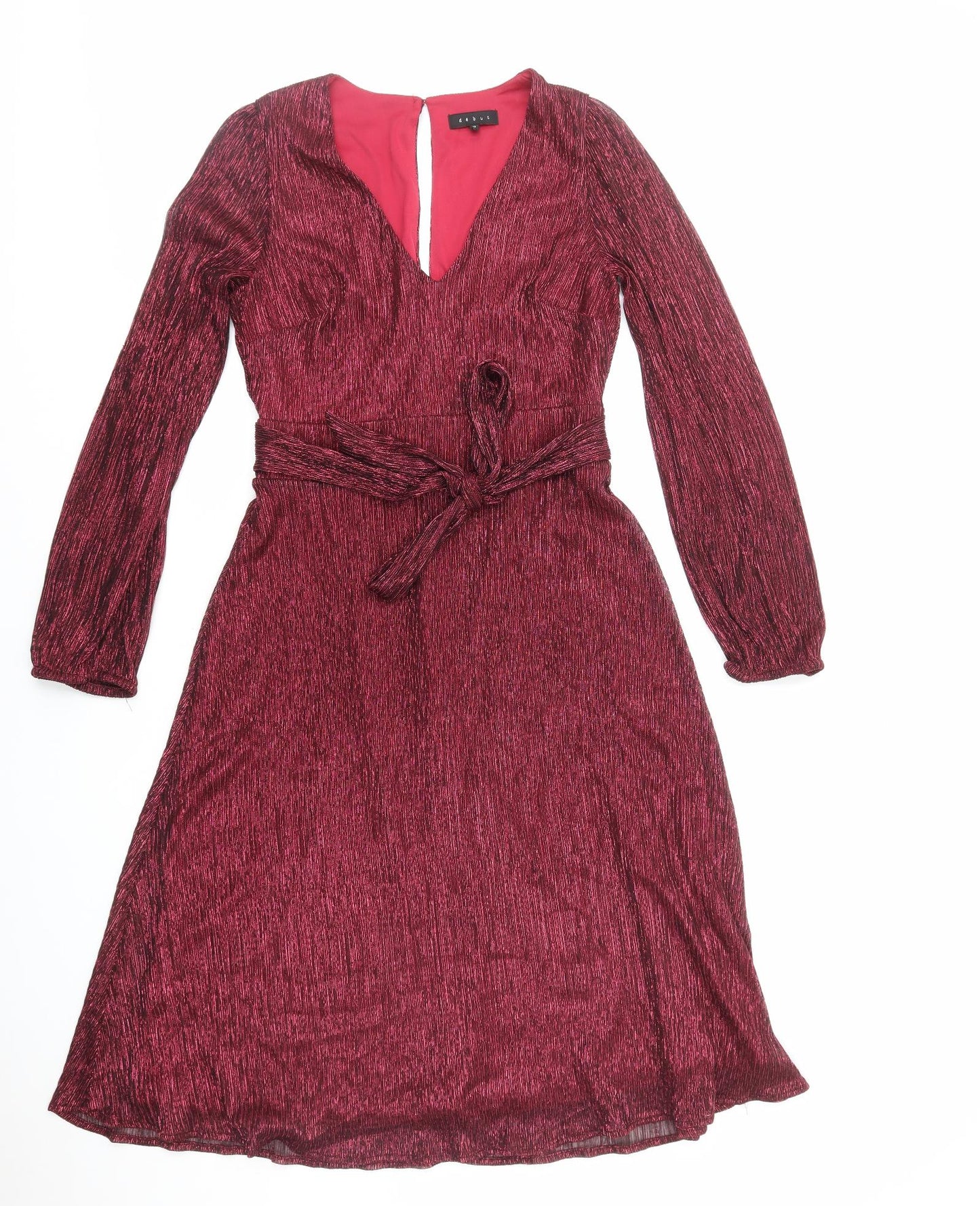 Debut Womens Red Polyester Fit & Flare Size 10 V-Neck Zip - Plisse