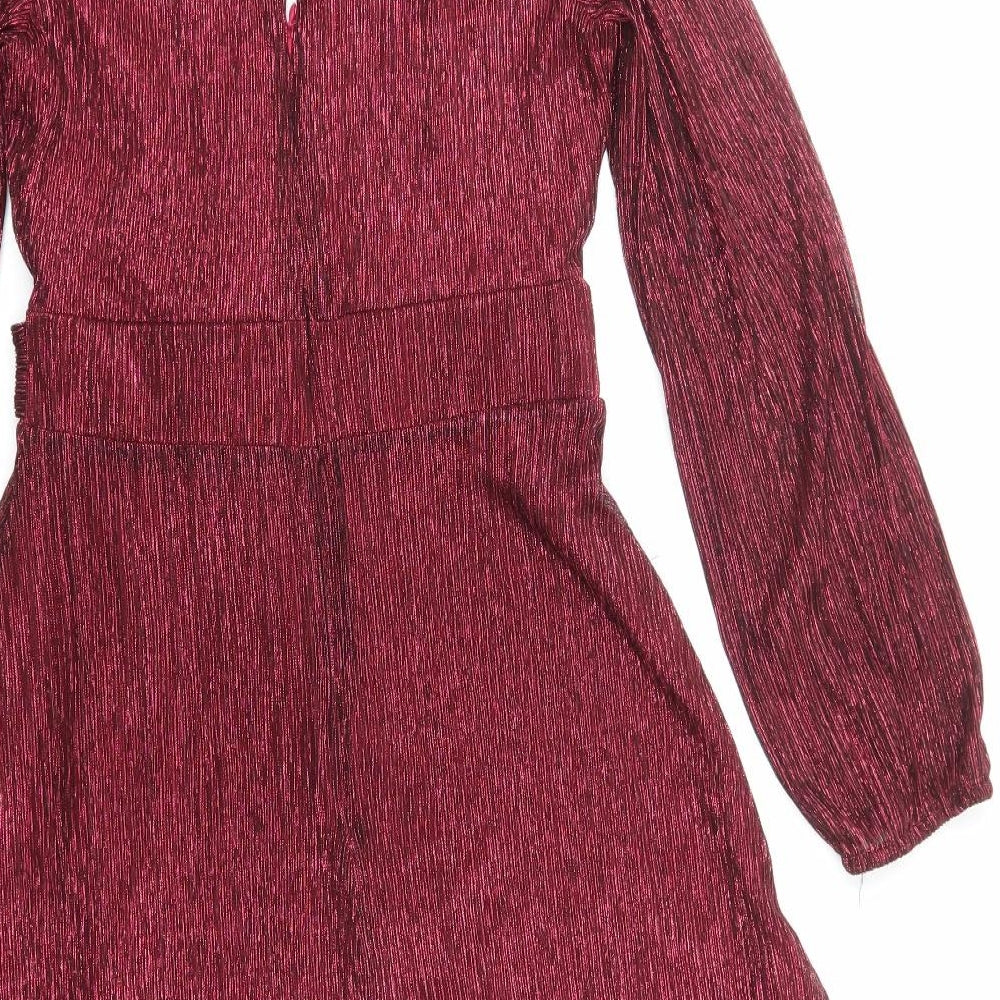 Debut Womens Red Polyester Fit & Flare Size 10 V-Neck Zip - Plisse