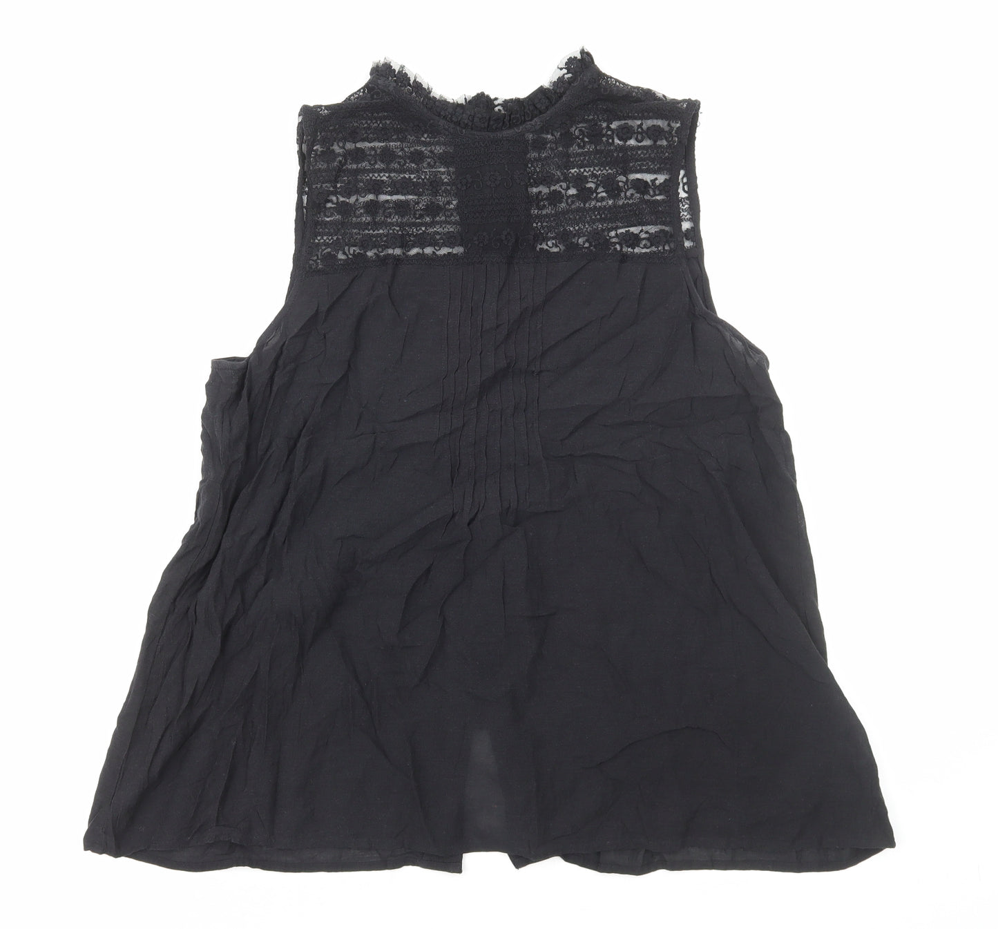 H&M Womens Black Cotton Basic Blouse Size 14 Mock Neck - Lace Detail