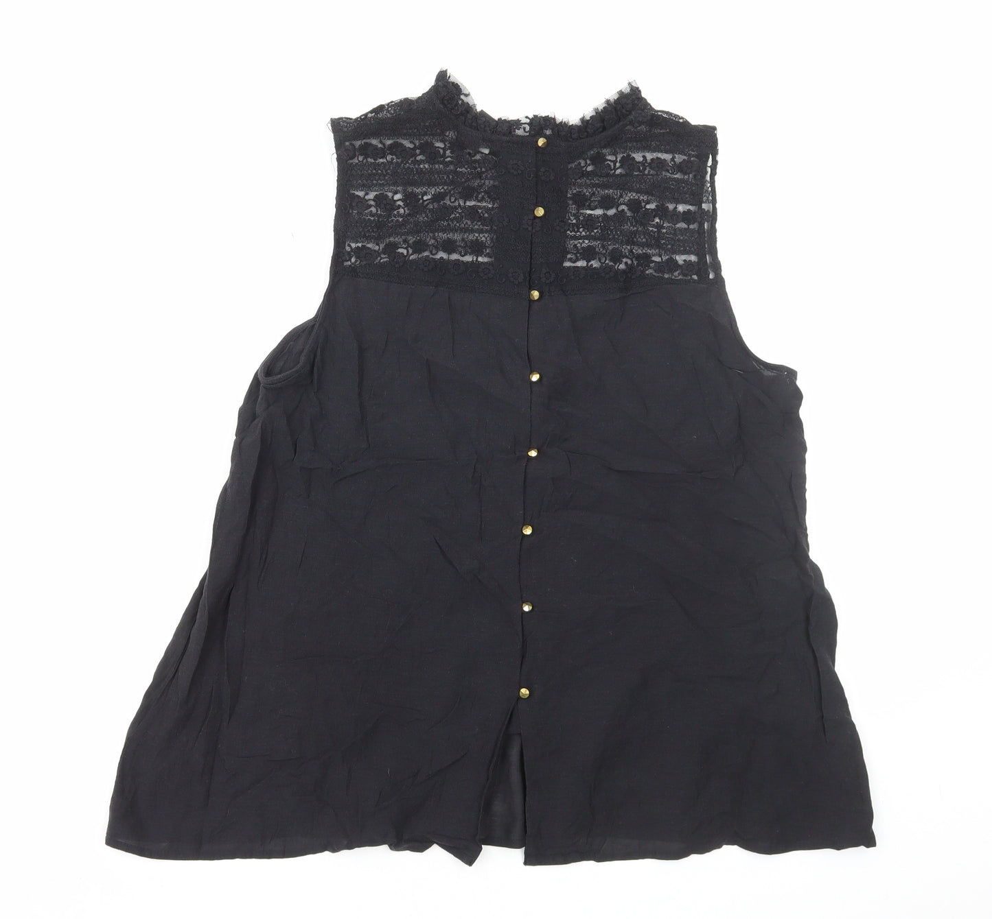 H&M Womens Black Cotton Basic Blouse Size 14 Mock Neck - Lace Detail
