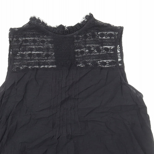 H&M Womens Black Cotton Basic Blouse Size 14 Mock Neck - Lace Detail