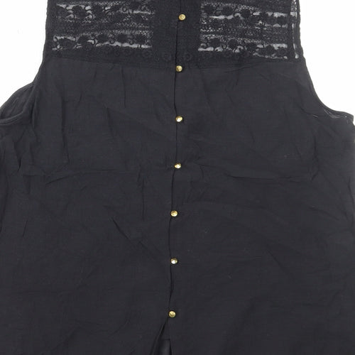 H&M Womens Black Cotton Basic Blouse Size 14 Mock Neck - Lace Detail