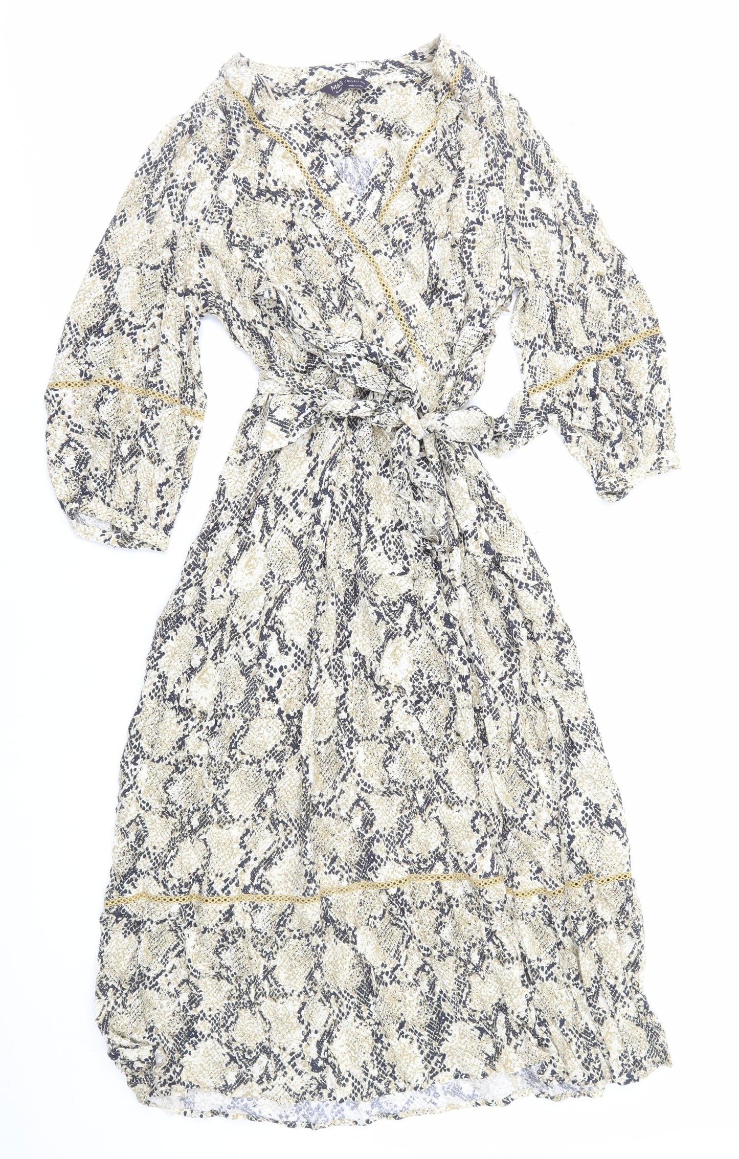 Marks and Spencer Womens Beige Animal Print Viscose Wrap Dress Size 12 V-Neck Zip - Snake Print