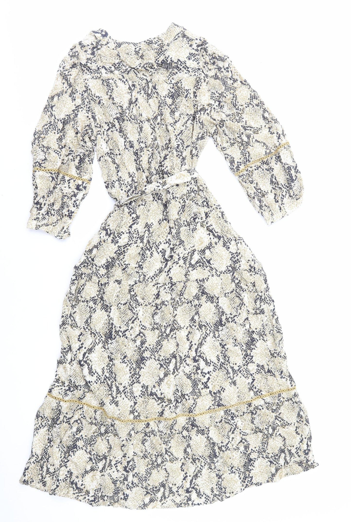 Marks and Spencer Womens Beige Animal Print Viscose Wrap Dress Size 12 V-Neck Zip - Snake Print