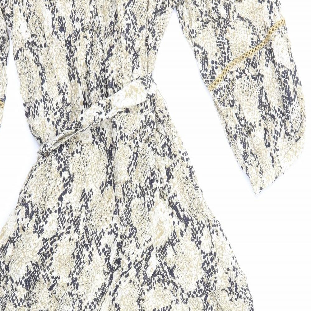 Marks and Spencer Womens Beige Animal Print Viscose Wrap Dress Size 12 V-Neck Zip - Snake Print
