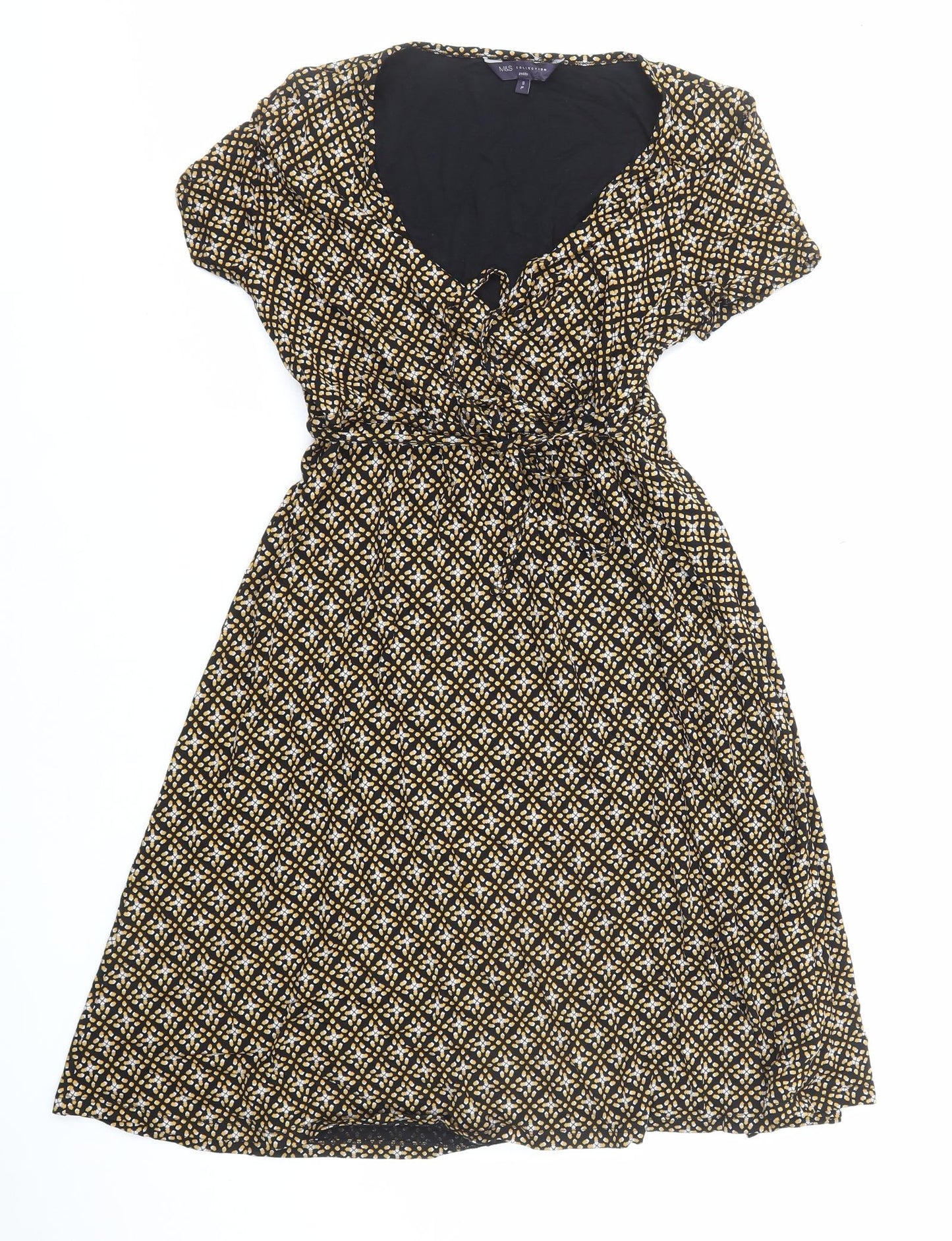 Marks and Spencer Womens Multicoloured Geometric Viscose Skater Dress Size 8 V-Neck Pullover