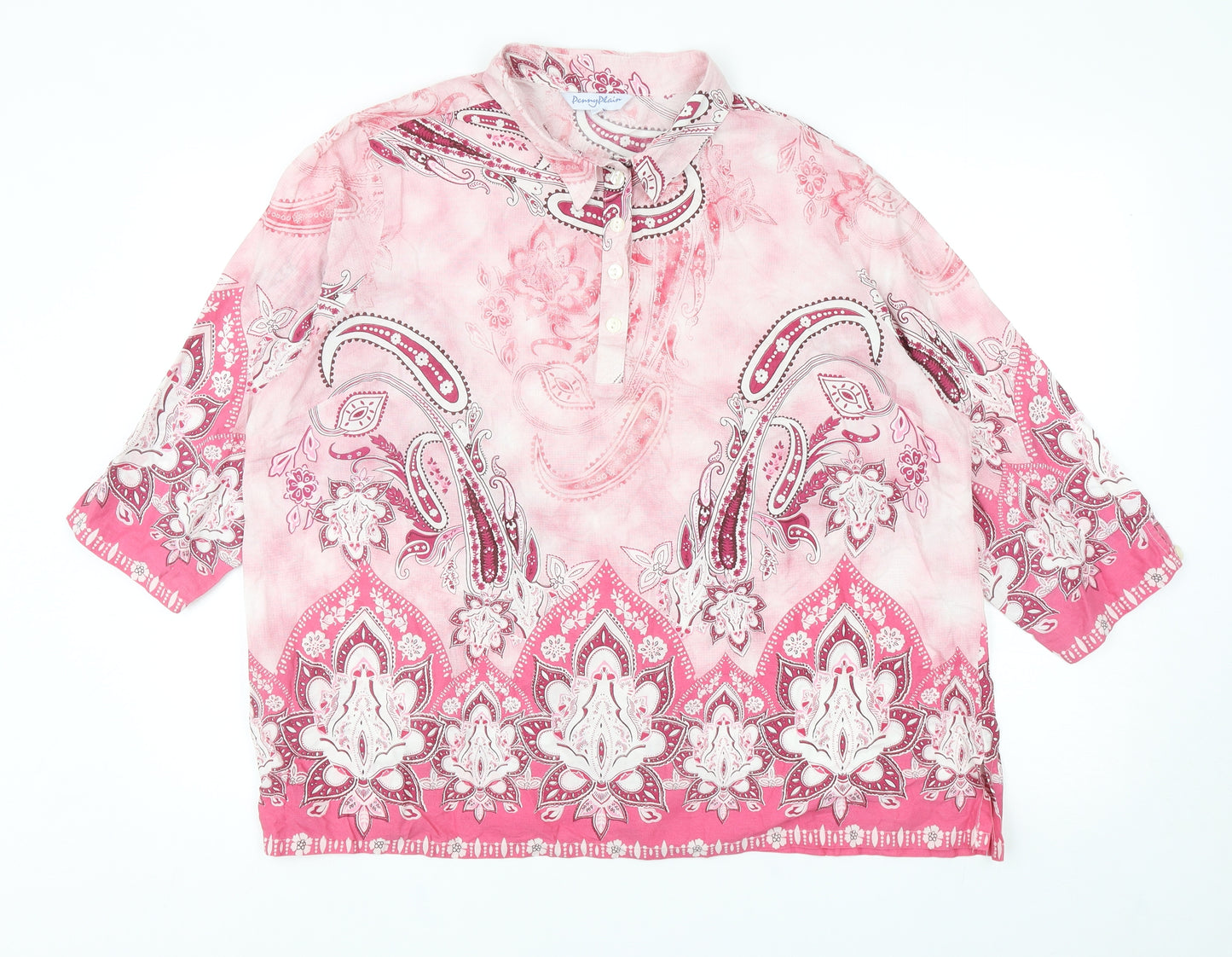 Penny Plain Womens Pink Geometric Cotton Basic Blouse Size 22 Collared