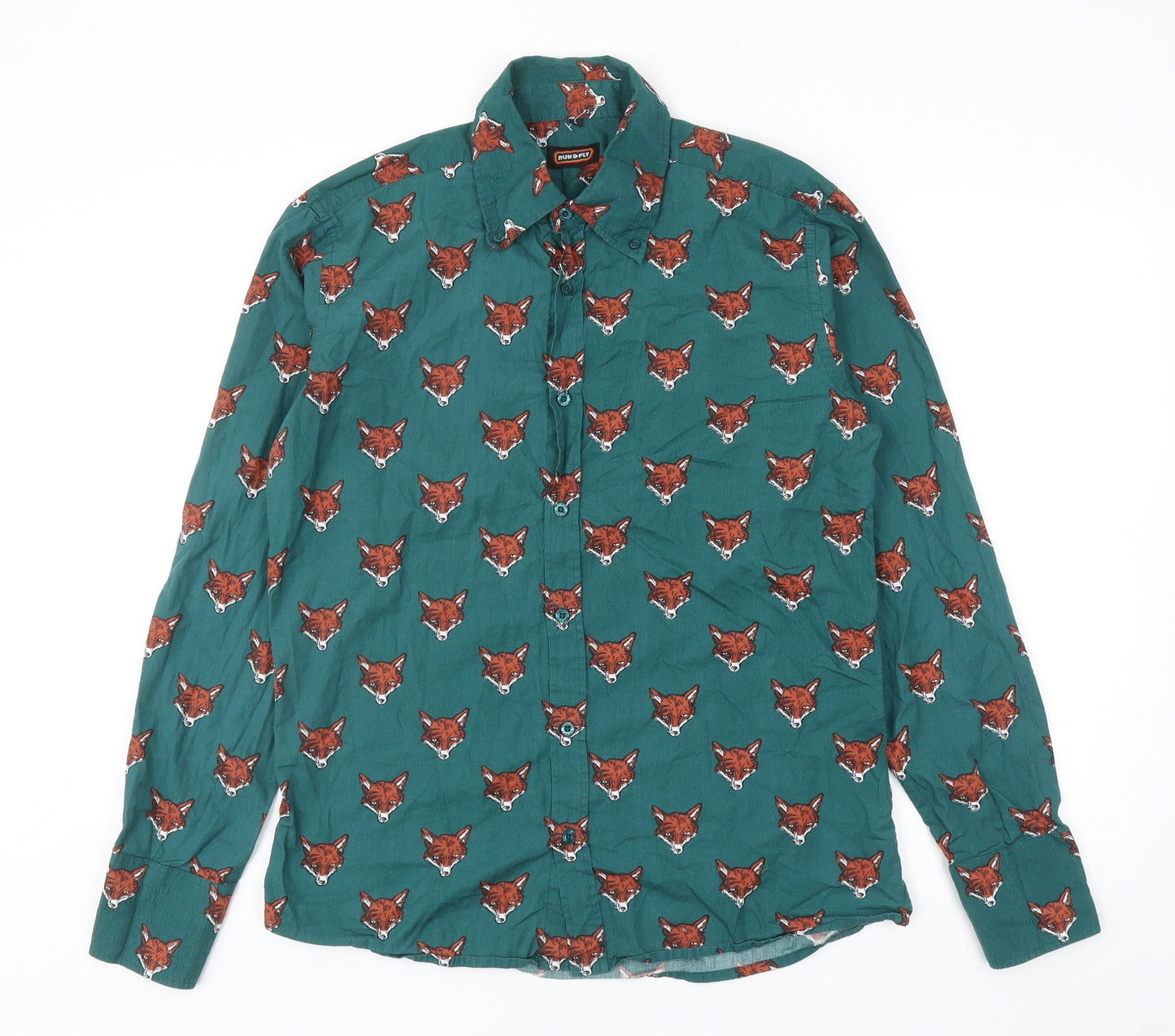 Run & Fly Mens Green Geometric Cotton Button-Up Size L Collared Button - Fox Print