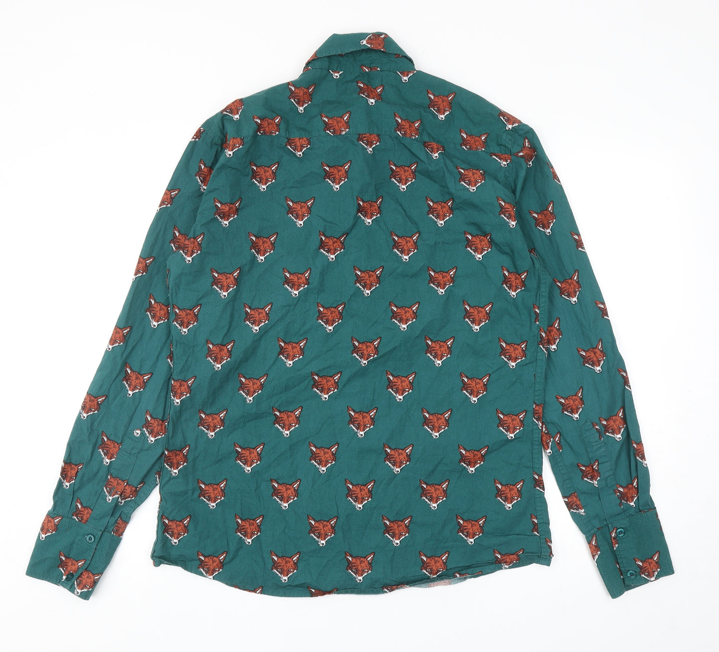 Run & Fly Mens Green Geometric Cotton Button-Up Size L Collared Button - Fox Print