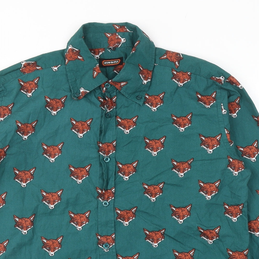 Run & Fly Mens Green Geometric Cotton Button-Up Size L Collared Button - Fox Print