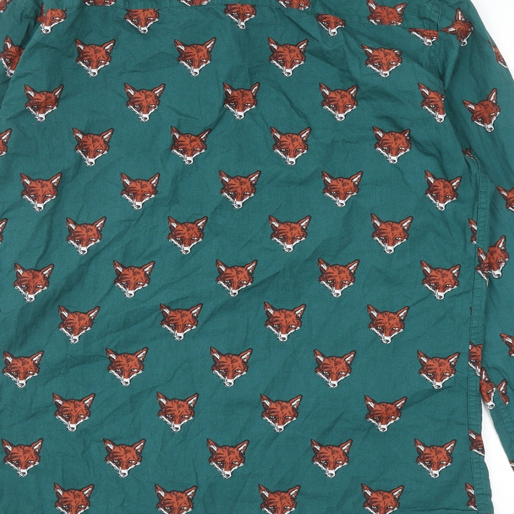Run & Fly Mens Green Geometric Cotton Button-Up Size L Collared Button - Fox Print