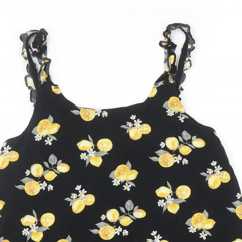 Abercrombie & Fitch Girls Black Geometric Viscose Basic Tank Size 13-14 Years Round Neck Pullover - Lemon Print