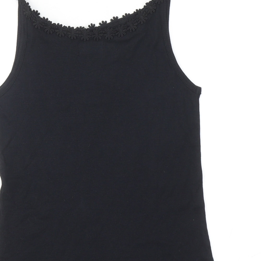 Papaya Womens Black Cotton Camisole Tank Size 12 Scoop Neck - 3D Flowers