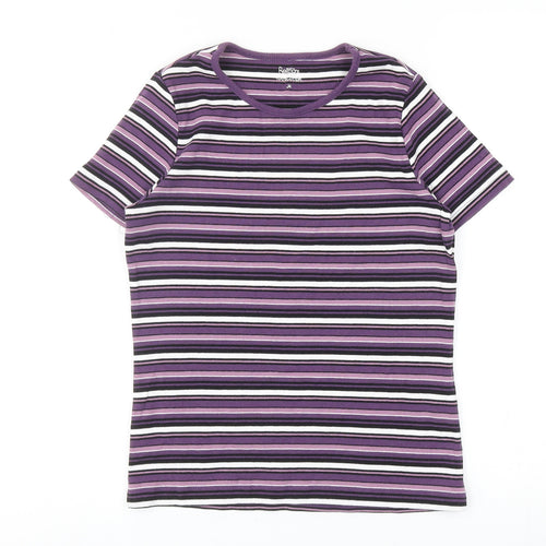 Retimans Womens Purple Striped Cotton Basic T-Shirt Size M Crew Neck