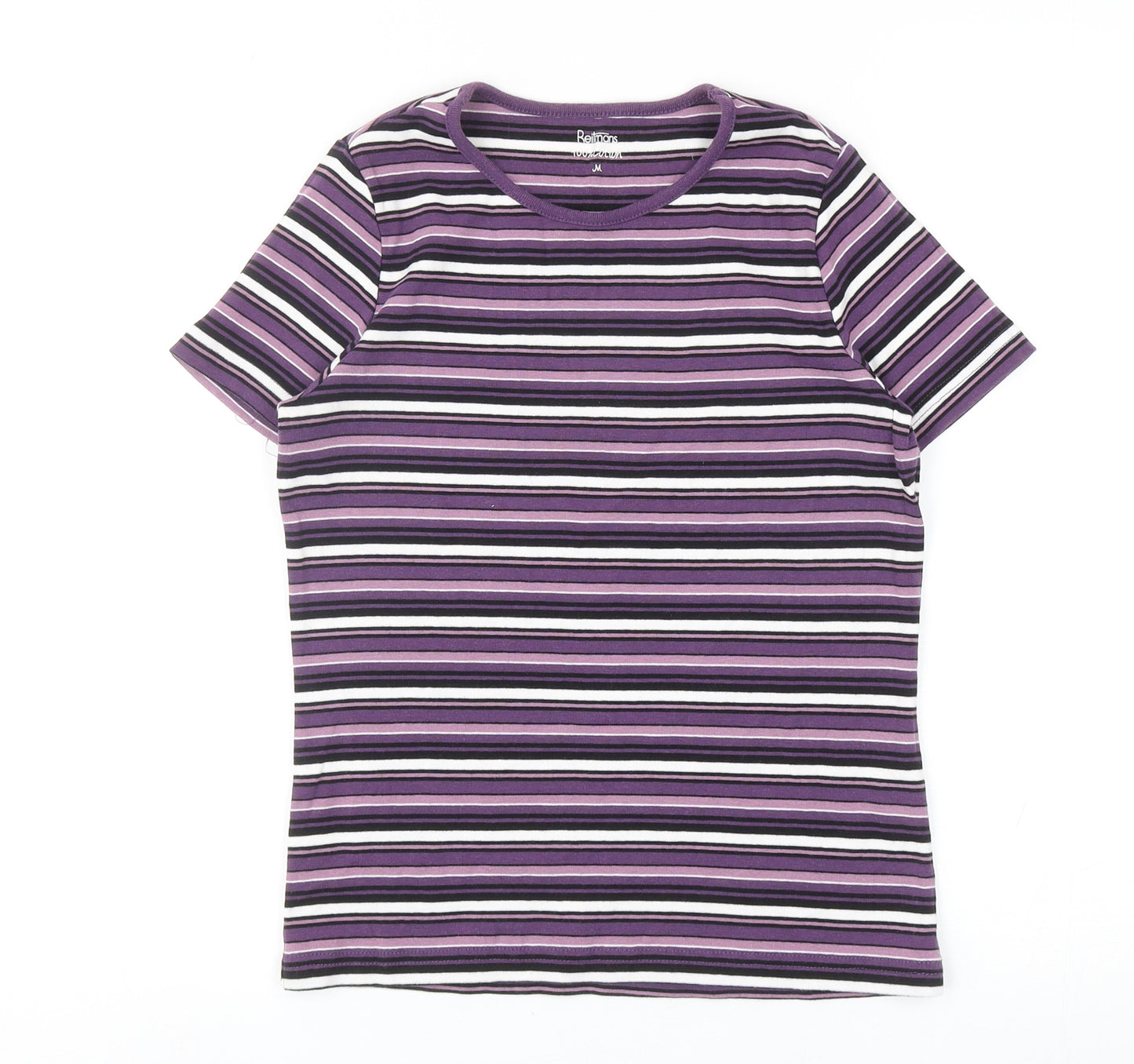 Retimans Womens Purple Striped Cotton Basic T-Shirt Size M Crew Neck