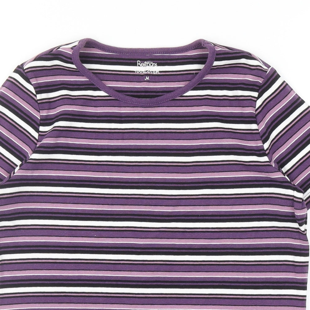 Retimans Womens Purple Striped Cotton Basic T-Shirt Size M Crew Neck