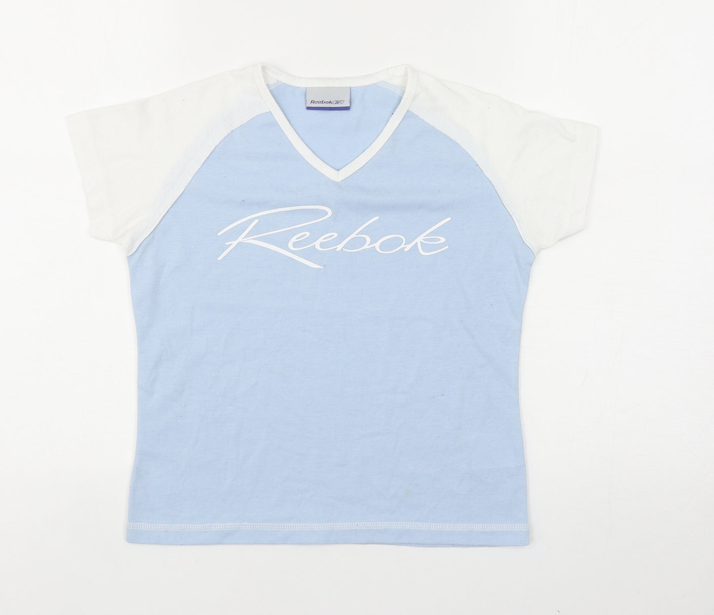 Reebok Girls Blue Colourblock Cotton Basic T-Shirt Size XL V-Neck Pullover