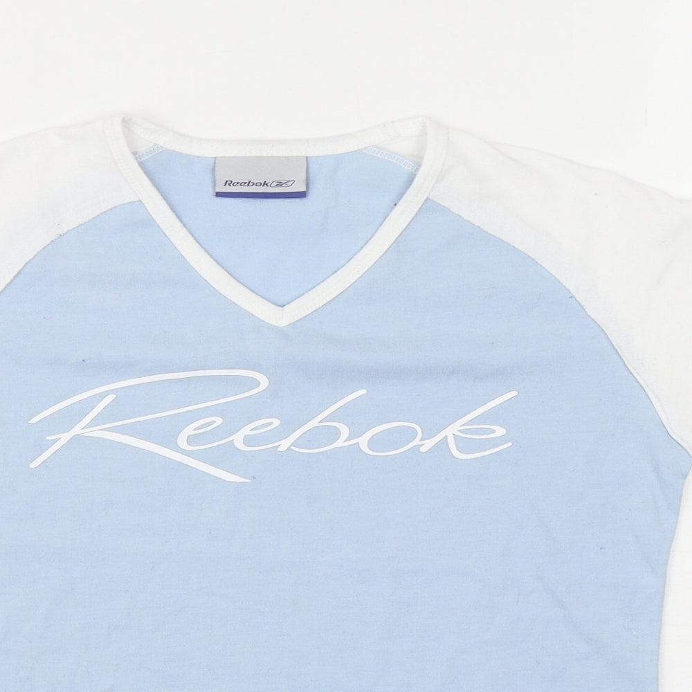 Reebok Girls Blue Colourblock Cotton Basic T-Shirt Size XL V-Neck Pullover