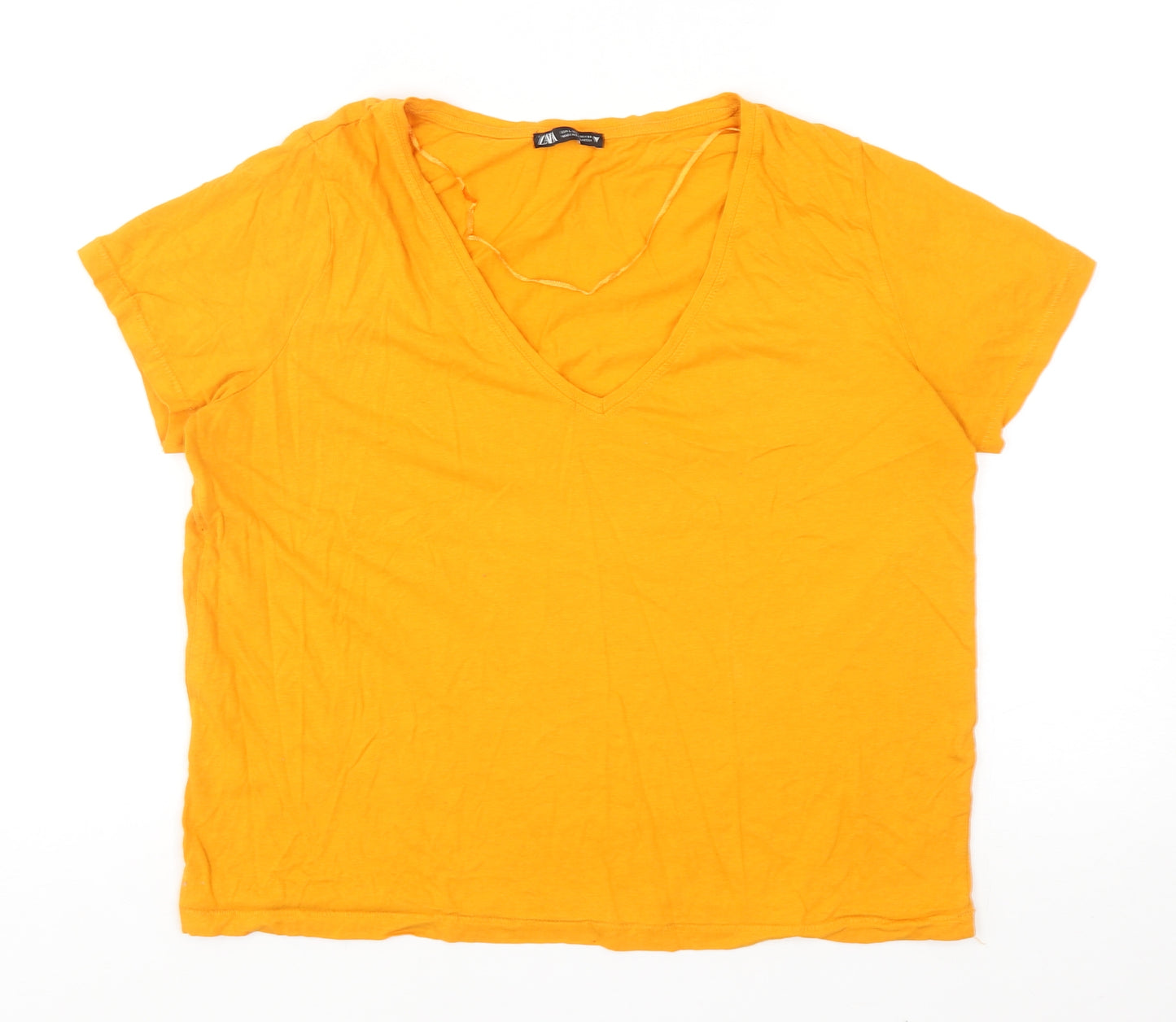 Zara Womens Orange Cotton Basic T-Shirt Size L V-Neck