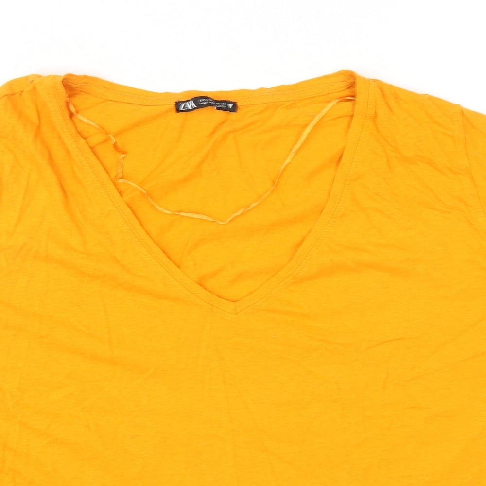 Zara Womens Orange Cotton Basic T-Shirt Size L V-Neck