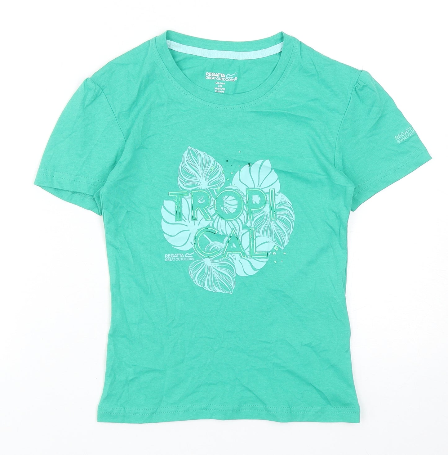 Regatta Girls Green Cotton Basic T-Shirt Size 7-8 Years Round Neck Pullover - Tropical