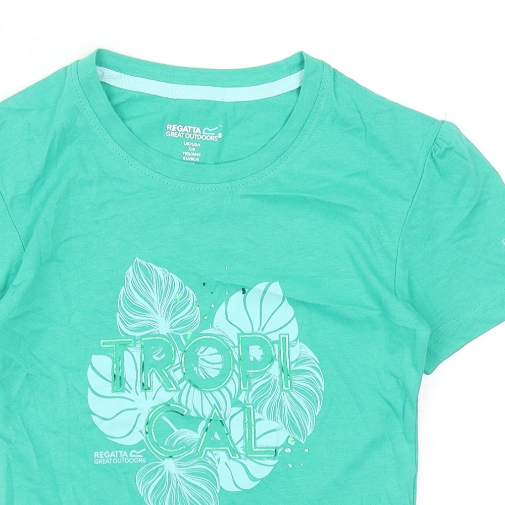 Regatta Girls Green Cotton Basic T-Shirt Size 7-8 Years Round Neck Pullover - Tropical