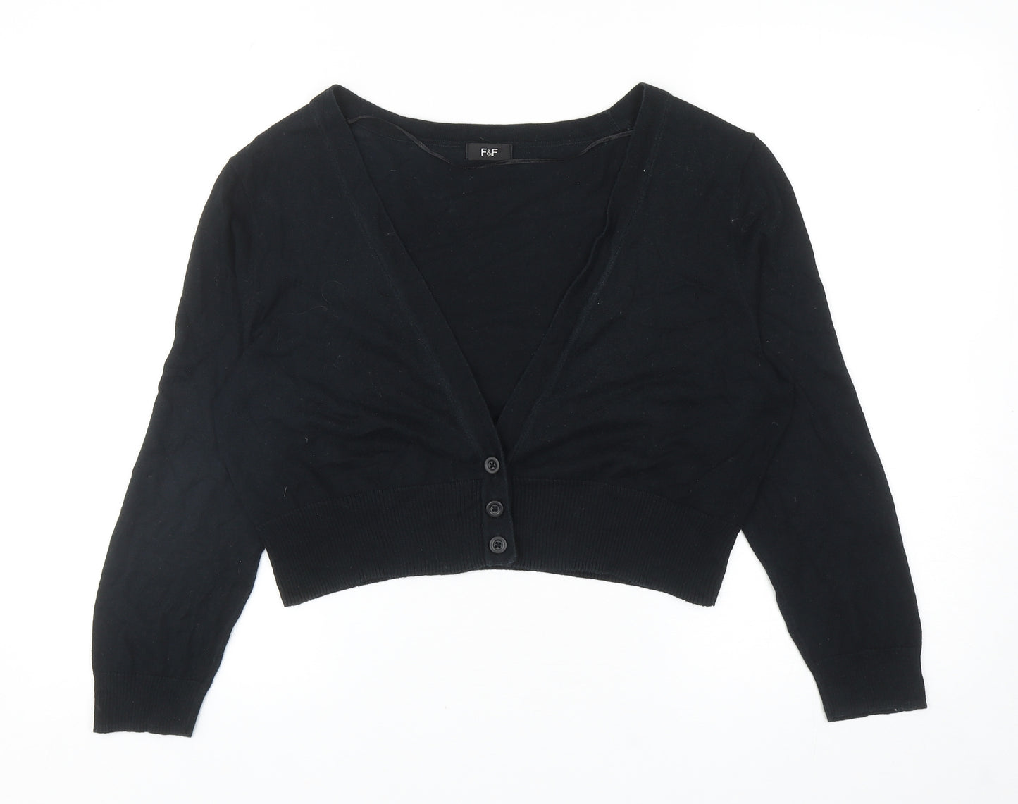F&F Womens Black V-Neck Cotton Cardigan Jumper Size 16 - Cropped