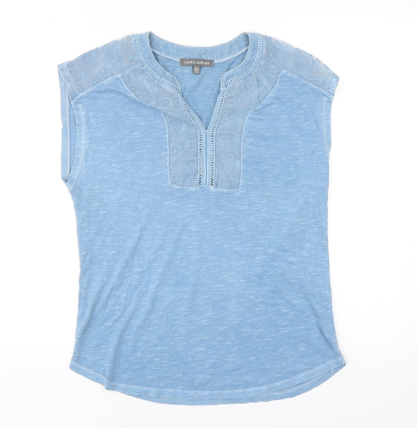 Laura Ashley Womens Blue Cotton Basic T-Shirt Size 8 V-Neck