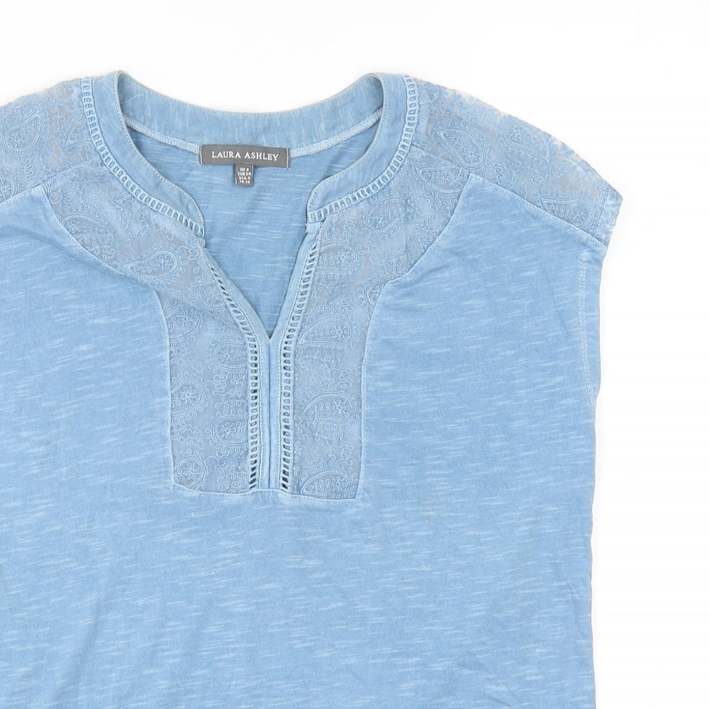 Laura Ashley Womens Blue Cotton Basic T-Shirt Size 8 V-Neck