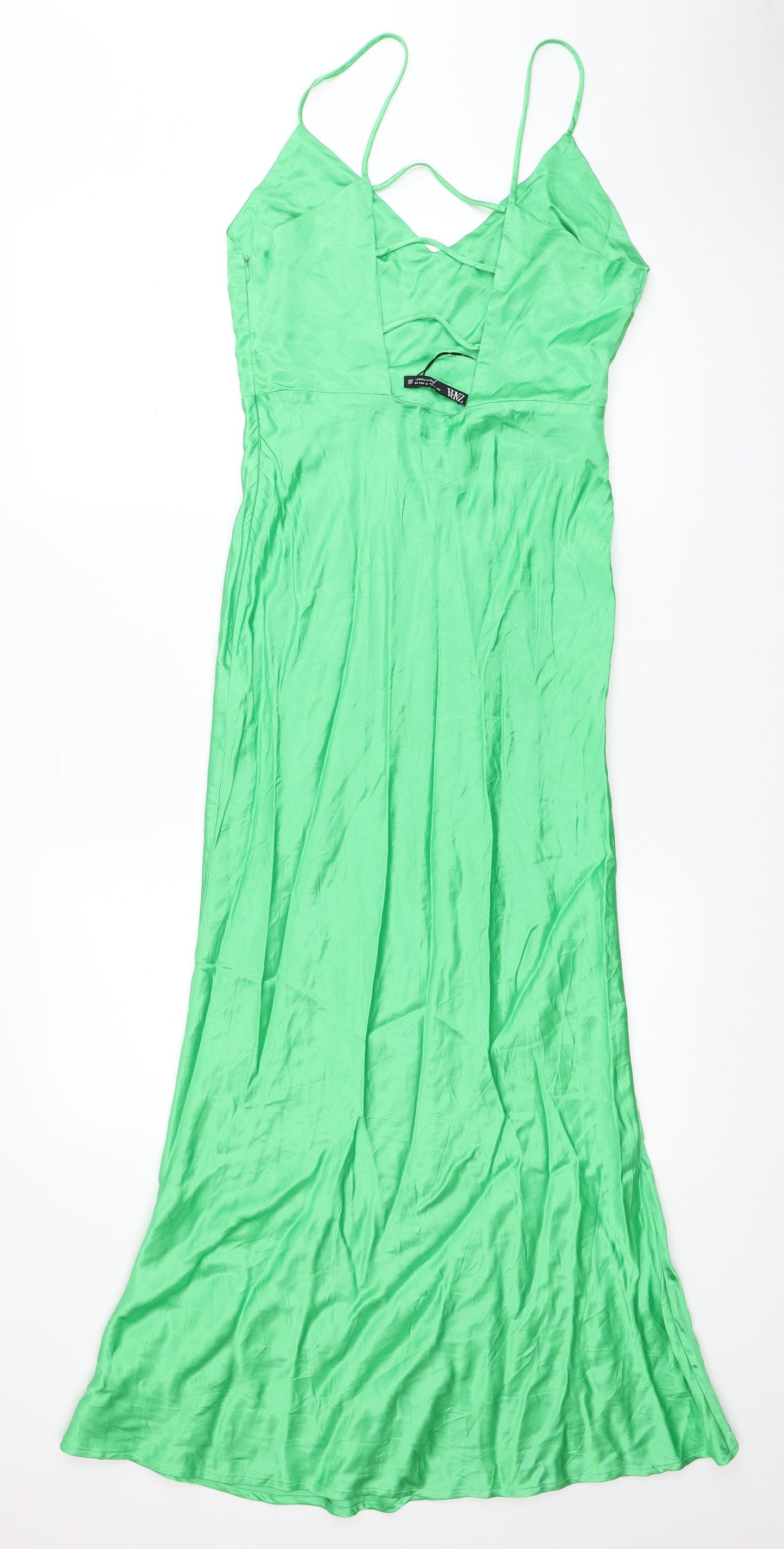 Zara Womens Green Viscose Slip Dress Size S V-Neck Zip