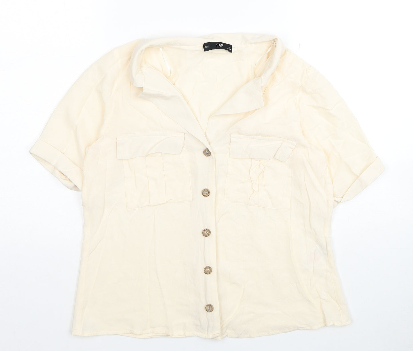 F&F Womens Ivory Viscose Basic Button-Up Size 8 Collared