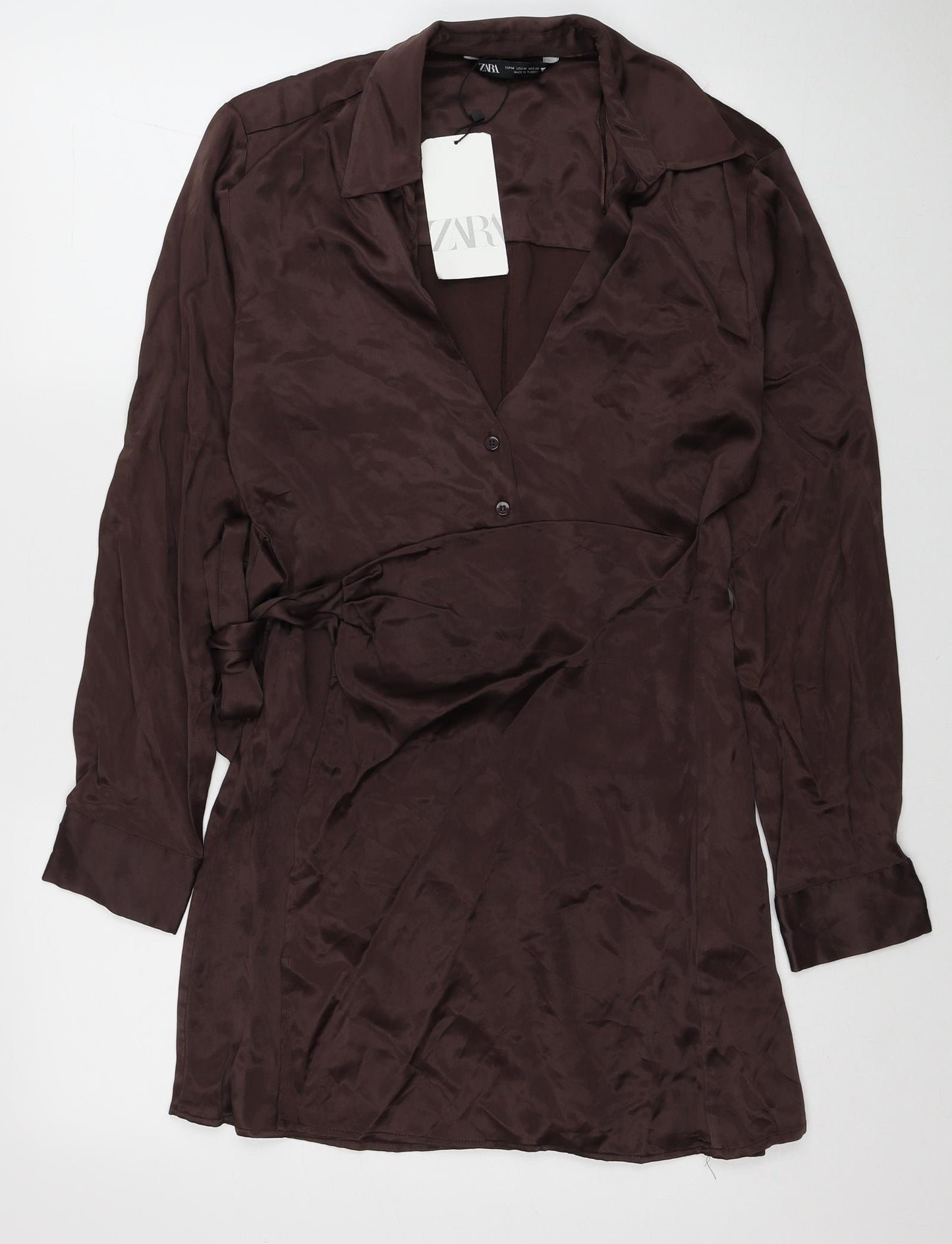 Zara Womens Brown Viscose Shirt Dress Size M Collared Button