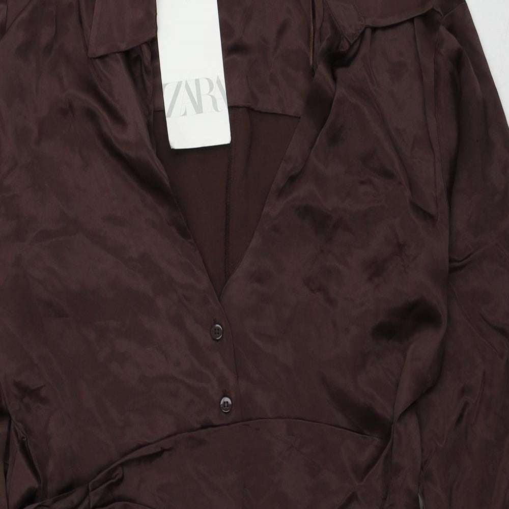 Zara Womens Brown Viscose Shirt Dress Size M Collared Button