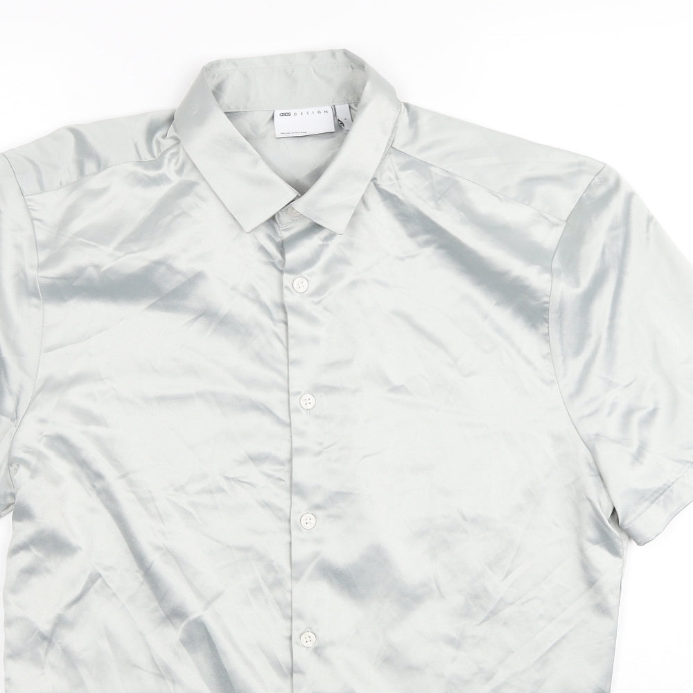 ASOS Mens Silver Polyester Button-Up Size L Collared Button