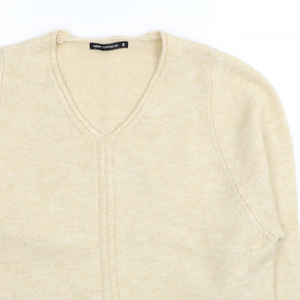 Myself TopFeeling Womens Beige V-Neck Acrylic Pullover Jumper Size S